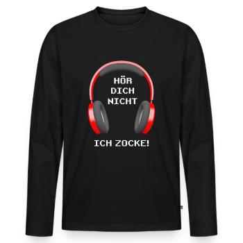 Ich höre dich nicht ich zocke Spruch mit Kopfhörer - Männer Premium Bio Langarmshirt - Schwarz - Vorne - Nico (187cm)