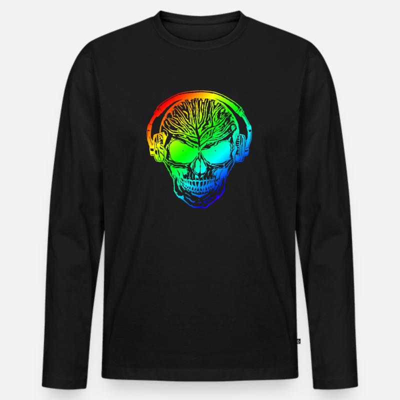 Hardstyle Totenschädel Rainbow Kopfhörer - Männer Premium Bio Langarmshirt - Schwarz