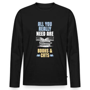 Cadeau drôle de chats et de livres - T-shirt manches longues Premium bio Homme - noir - Devant - Nico (187cm)