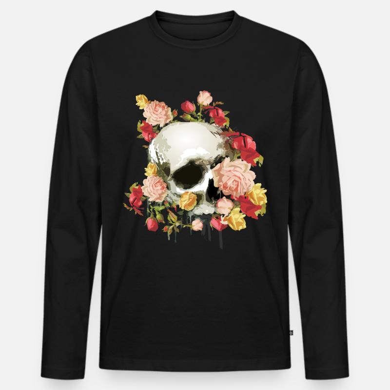 Totenkopf mit Rosen - Männer Premium Bio Langarmshirt - Schwarz