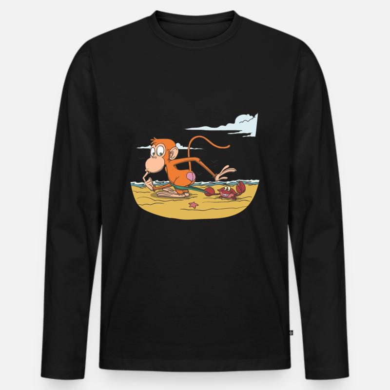 Affe am Strand mit Krabbe - Männer Premium Bio Langarmshirt - Schwarz