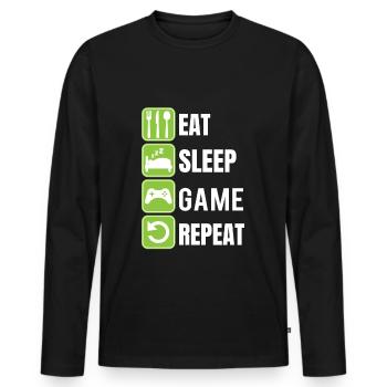 Gamer Shirt EAT SLEEP GAME REPEAT - Männer Premium Bio Langarmshirt - Schwarz - Vorne - Nico (187cm)