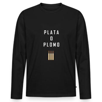 Mafia - PLATA O PLOMO - Männer Premium Bio Langarmshirt - Schwarz - Vorne - Nico (187cm)