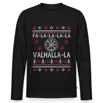 FALALALA VALHALLA LA - VIKING UGLY XMAS SWEATER - Männer Premium Bio Langarmshirt - Schwarz - Vorne - Nico (187cm)