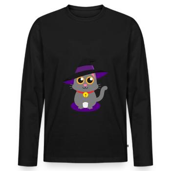 Cute Cat Pussy Meow Witch Hat Witch Spell - Men's Premium Organic Long Sleeve Shirt - black - Front - Nico (187cm)