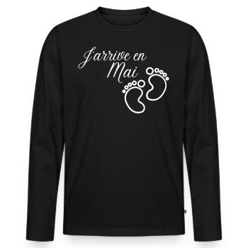 J' arrive en Mai annonce naissance futur bébé - T-shirt manches longues Premium bio Homme - noir - Devant - Nico (187cm)