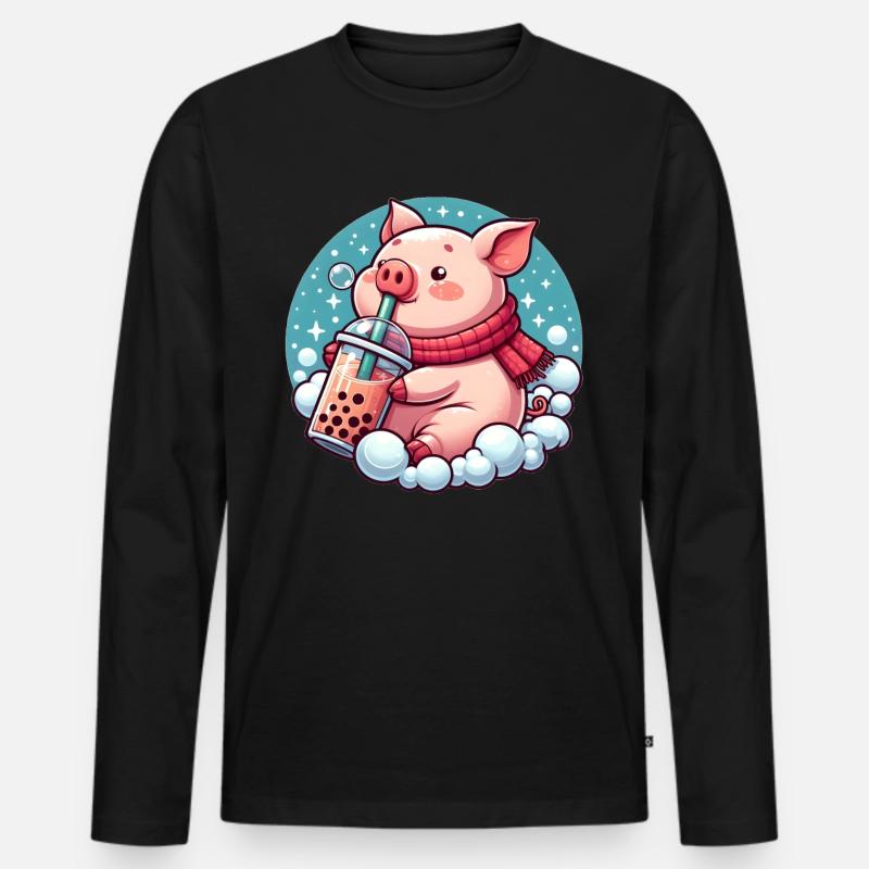 Schwein genießt Bubble Tea - Männer Premium Bio Langarmshirt - Schwarz