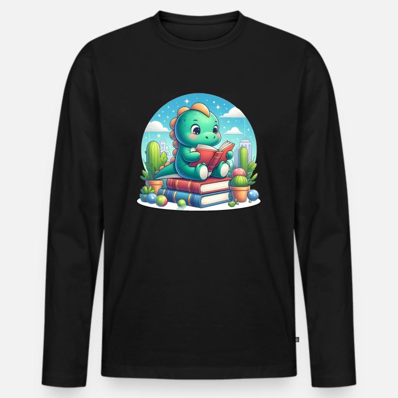 Lesender Dinosaurier - Männer Premium Bio Langarmshirt - Schwarz