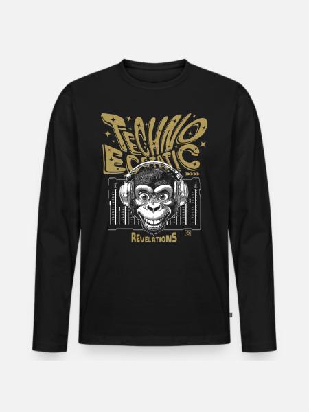 Offenbarungs-Shirt: Affe grinst zu Techno-Samples - Männer Premium Bio Langarmshirt - Schwarz