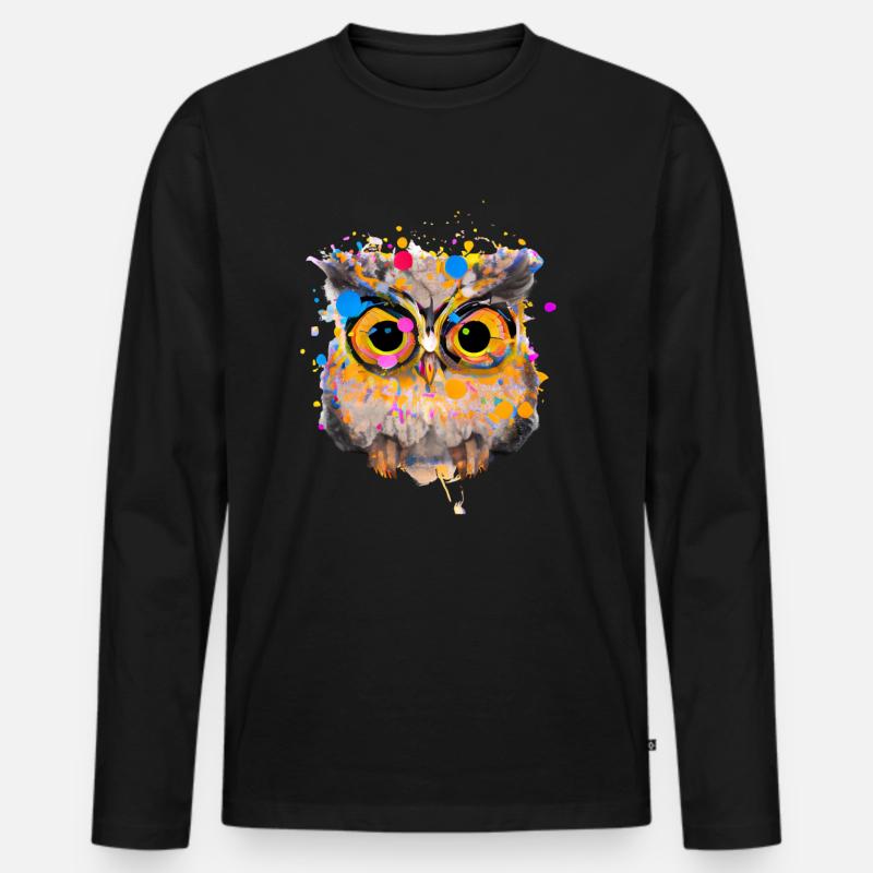 Farbenfrohe Eulen-Illustration - Männer Premium Bio Langarmshirt - Schwarz