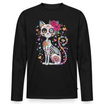 Chat Crâne de Sucre – Día de los Muertos - T-shirt manches longues Premium bio Homme - noir - Devant - Nico (187cm)