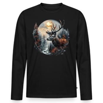 Cerf mystique dans la forêt de nuages / Costume traditionnel / Chasse - T-shirt manches longues Premium bio Homme - noir - Devant - Nico (187cm)