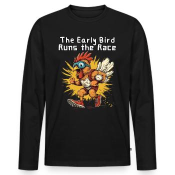 The Early Bird Runs the Race - Funny Rooster - Men's Premium Organic Long Sleeve Shirt - black - Front - Nico (187cm)