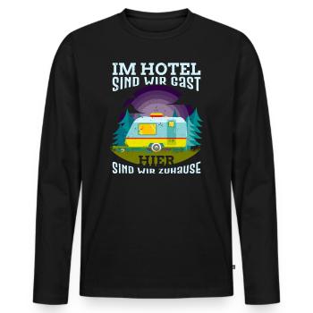 Wohnwagen Spruch im Hotel sind wir Gast Camper - Männer Premium Bio Langarmshirt - Schwarz - Vorne - Nico (187cm)