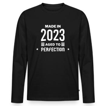 Perfekt gealtert 2023 - Männer Premium Bio Langarmshirt - Schwarz - Vorne - Nico (187cm)