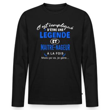 humour Légende et MAITRE-NAGEUR cadeau - T-shirt manches longues Premium bio Homme - noir - Devant - Nico (187cm)