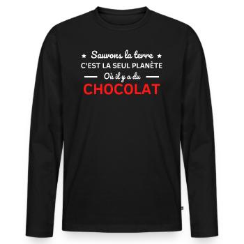 sauvons la terre c'est la seul planète chocolat - T-shirt manches longues Premium bio Homme - noir - Devant - Nico (187cm)
