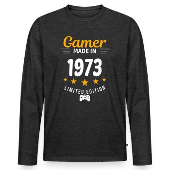Gamer réalisé en 1973 - T-shirt manches longues Premium bio Homme - anthracite chiné - Devant - Nico (187cm)