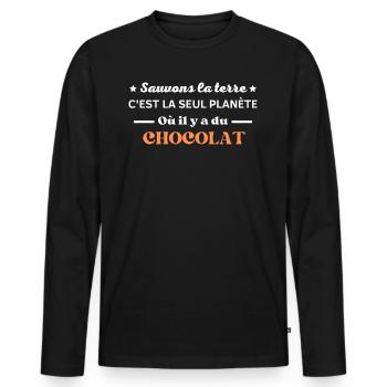 c'est la seul planète ou il y a du chocolat - T-shirt manches longues Premium bio Homme - noir - Devant - Nico (187cm)