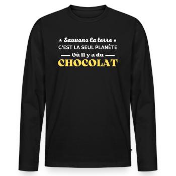 sauvons la terre planète ou il y a du chocolat - T-shirt manches longues Premium bio Homme - noir - Devant - Nico (187cm)