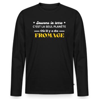 sauvons la terre c'est la seul planète du fromage - T-shirt manches longues Premium bio Homme - noir - Devant - Nico (187cm)