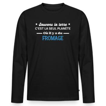 sauvons la terre c'est la seul planète du fromage - T-shirt manches longues Premium bio Homme - noir - Devant - Nico (187cm)