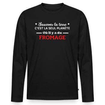 sauvons la terre planète ou il y a du fromage - T-shirt manches longues Premium bio Homme - noir - Devant - Nico (187cm)