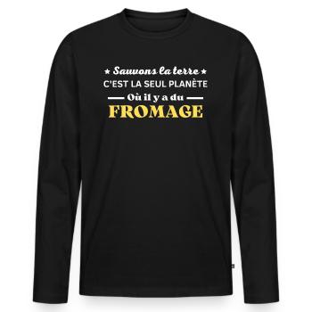 sauvons la terre planète ou il y a du fromage - T-shirt manches longues Premium bio Homme - noir - Devant - Nico (187cm)
