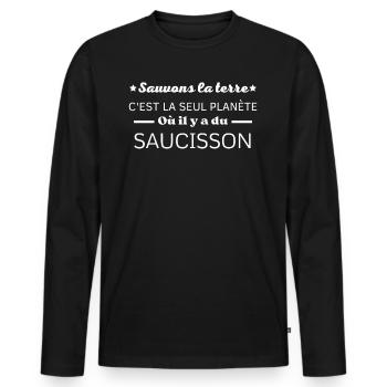 sauvons la terre c'est la seul planète saucisson - T-shirt manches longues Premium bio Homme - noir - Devant - Nico (187cm)