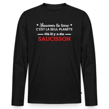 sauvons la terre planète ou il y a du saucisson - T-shirt manches longues Premium bio Homme - noir - Devant - Nico (187cm)