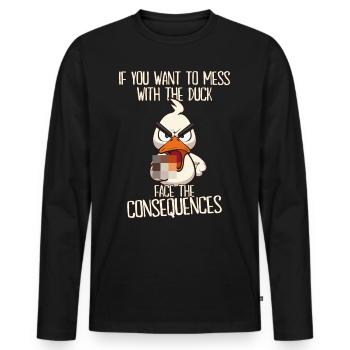 Conséquences Drôle de canard avec un doigt d’honneur - T-shirt manches longues Premium bio Homme - noir - Devant - Nico (187cm)