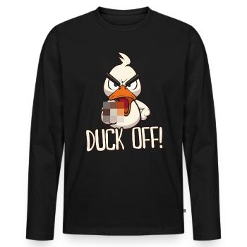 Duck Off! Funny duck with middle finger saying - Men's Premium Organic Long Sleeve Shirt - black - Front - Nico (187cm)