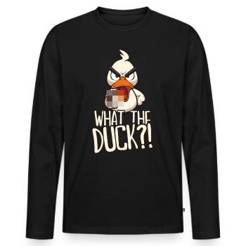 What the Duck Funny duck with middle finger saying - Men's Premium Organic Long Sleeve Shirt - black - Front - Nico (187cm)