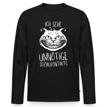 Grinsekatze - Ich sehe unnötige Sozialkontakte - Männer Premium Bio Langarmshirt - Schwarz - Vorne - Nico (187cm)