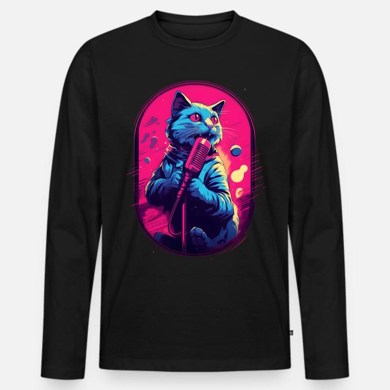 Singende Katze Mikrofon - Männer Premium Bio Langarmshirt - Schwarz