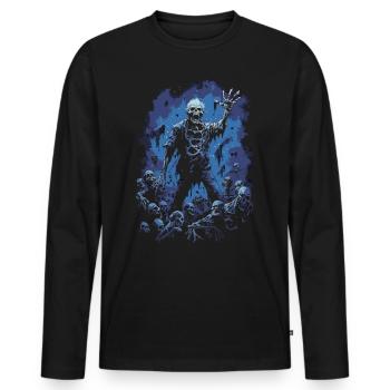 Zombie d’Halloween devant une horde de morts-vivants - T-shirt manches longues Premium bio Homme - noir - Devant - Nico (187cm)