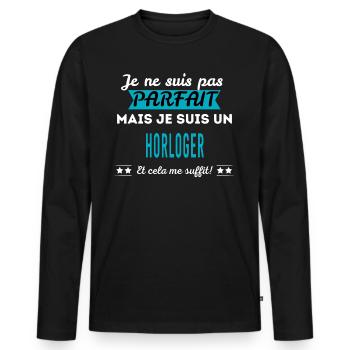 Je ne suis pas parfait HORLOGER - T-shirt manches longues Premium bio Homme - noir - Devant - Nico (187cm)