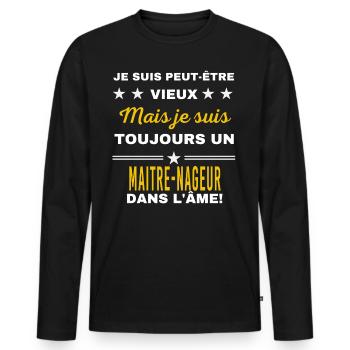 Je suis peut-être vieux MAITRE-NAGEUR - T-shirt manches longues Premium bio Homme - noir - Devant - Nico (187cm)