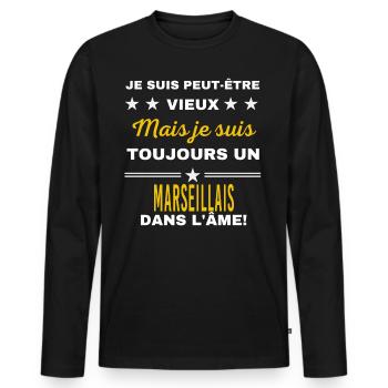 Je suis peut-être vieux MARSEILLAIS - T-shirt manches longues Premium bio Homme - noir - Devant - Nico (187cm)