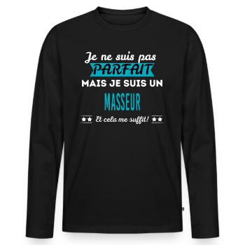 Je ne suis pas parfait MASSEUR - T-shirt manches longues Premium bio Homme - noir - Devant - Nico (187cm)