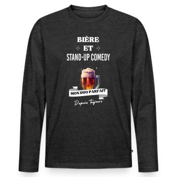 Bière Mon duo parfait depuis et stand-up comedy - T-shirt manches longues Premium bio Homme - anthracite chiné - Devant - Nico (187cm)