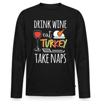 Vin Et Dinde - Drôle de dinde de Thanksgiving - T-shirt manches longues Premium bio Homme - noir - Devant - Nico (187cm)