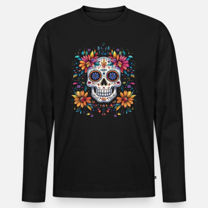 Tag der Toten Sugar Skull mit bunten Blumen - Männer Premium Bio Langarmshirt - Schwarz