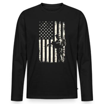 Drapeau américain du soldat en course – Journée des anciens combattants du 4 juillet - T-shirt manches longues Premium bio Homme - noir - Devant - Nico (187cm)
