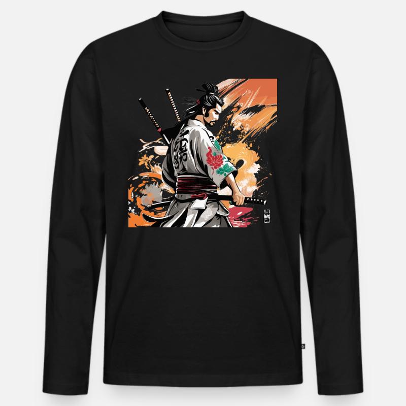 Samurai mit Schwertergrafik - Männer Premium Bio Langarmshirt - Schwarz