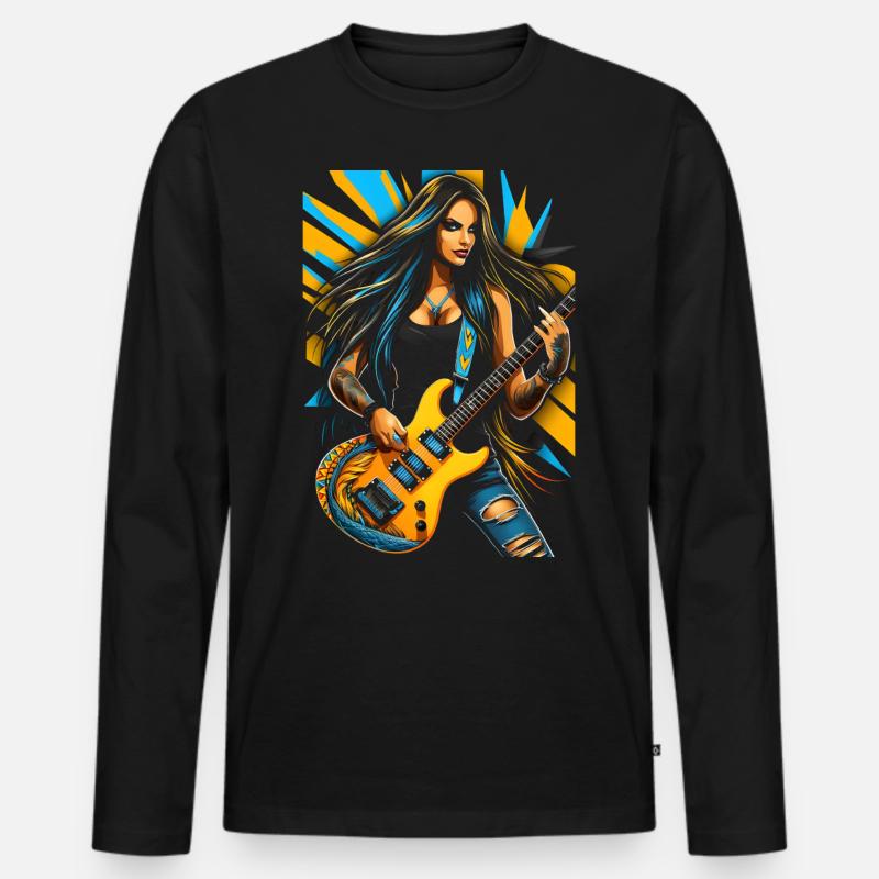 Wilde Gittarendiva mit E-Gitarre - Männer Premium Bio Langarmshirt - Schwarz