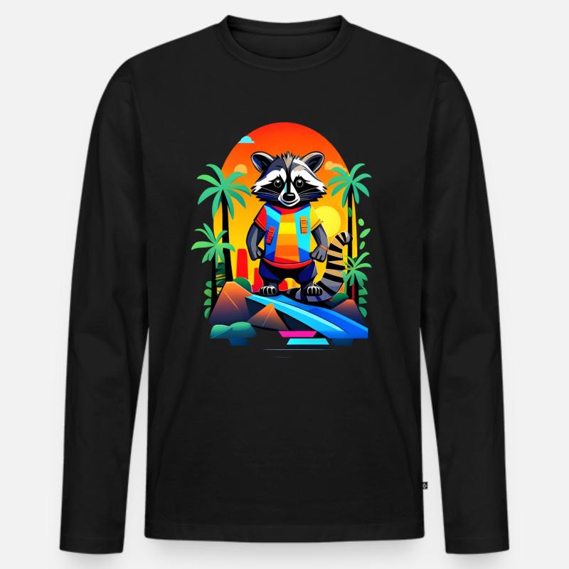 Retro Waschbär in Tropical Sunset - Männer Premium Bio Langarmshirt - Schwarz