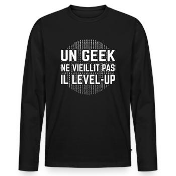 un geek ne vieillit pas il level-up - T-shirt manches longues Premium bio Homme - noir - Devant - Nico (187cm)