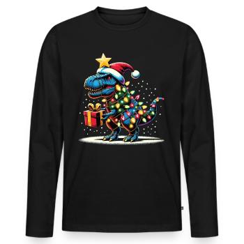 Tree Rex - Dino mit Weihnachtslichtern - Männer Premium Bio Langarmshirt - Schwarz - Vorne - Nico (187cm)