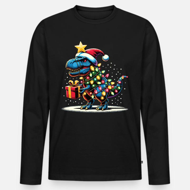 Tree Rex - Dino mit Weihnachtslichtern - Männer Premium Bio Langarmshirt - Schwarz